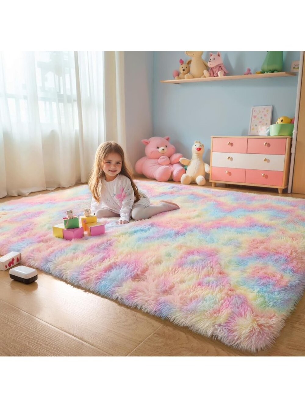 Fluffy 4x6 Rainbow Shag Rug for Kids' Bedroom & Playroom - Soft & Cozy Decor